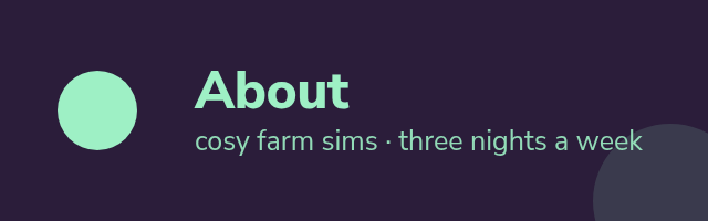 Sample About panel: the word About with one line under it and a flat mint shape on deep plum