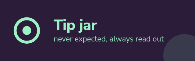 Sample Tip jar panel: the word Tip jar with one line under it and a flat mint shape on deep plum